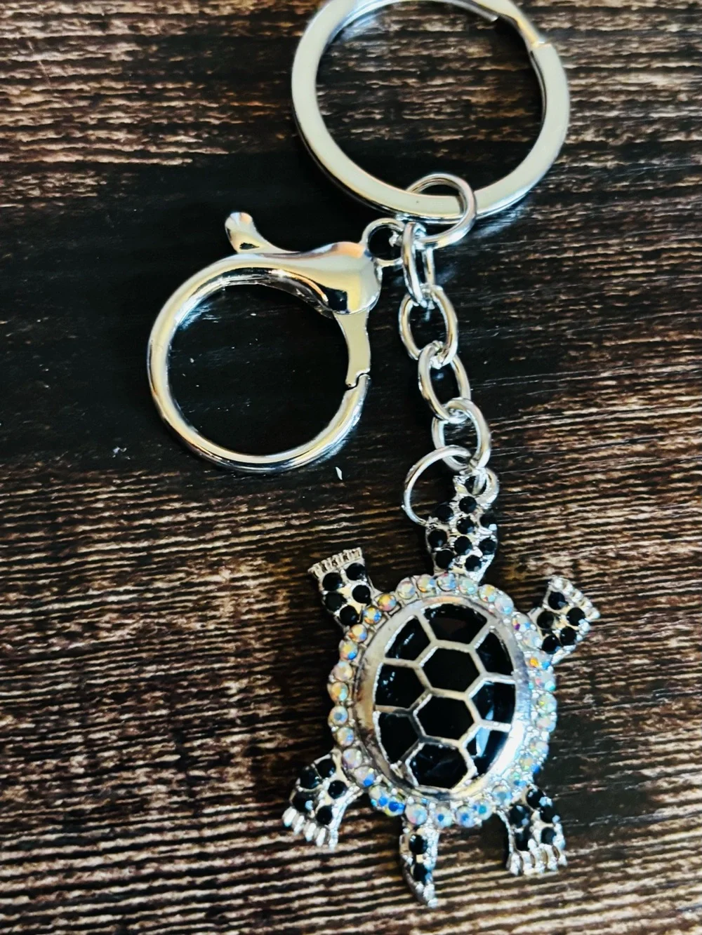 Silver Tone Turtle Crystal Keychain - Black and Clear Rhinestones